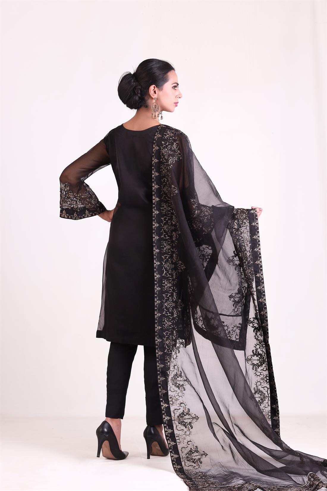 Black 3 Piece Embroidered Organza Kameez & Trouser