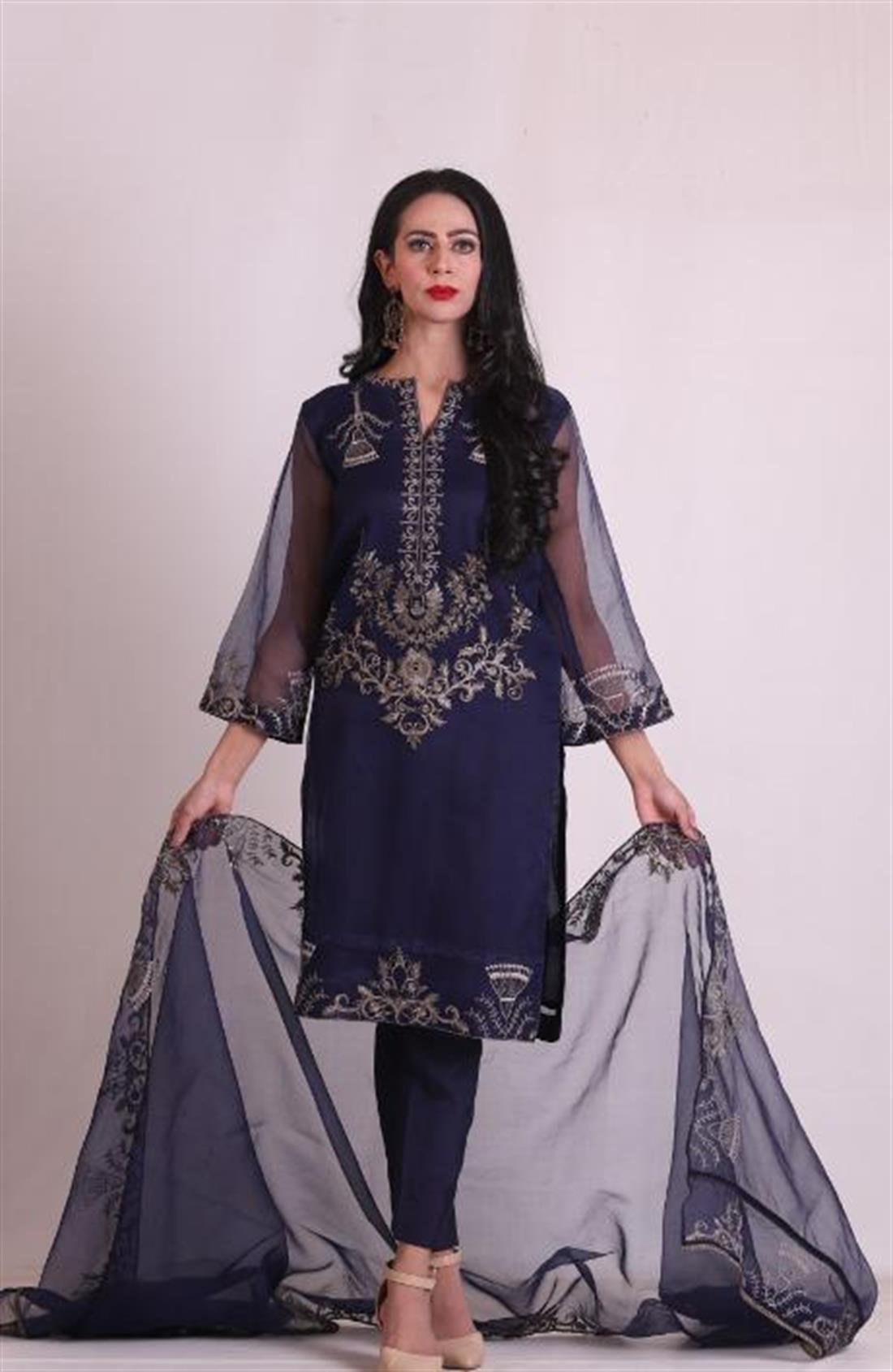 Navy Blue Embroidered Organza Ladies Readymade