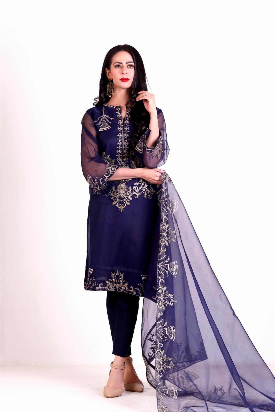Navy Blue Embroidered Organza Ladies Readymade
