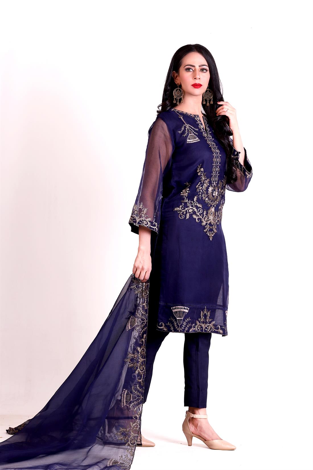 Navy Blue Embroidered Organza Ladies Readymade