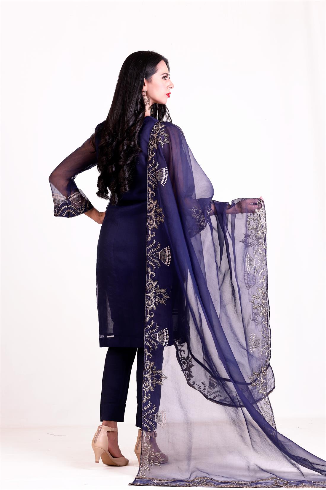 Navy Blue Embroidered Organza Ladies Readymade
