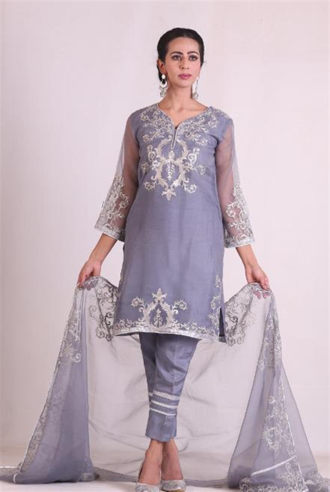 Grey Embroidered Organza Ladies Readymade