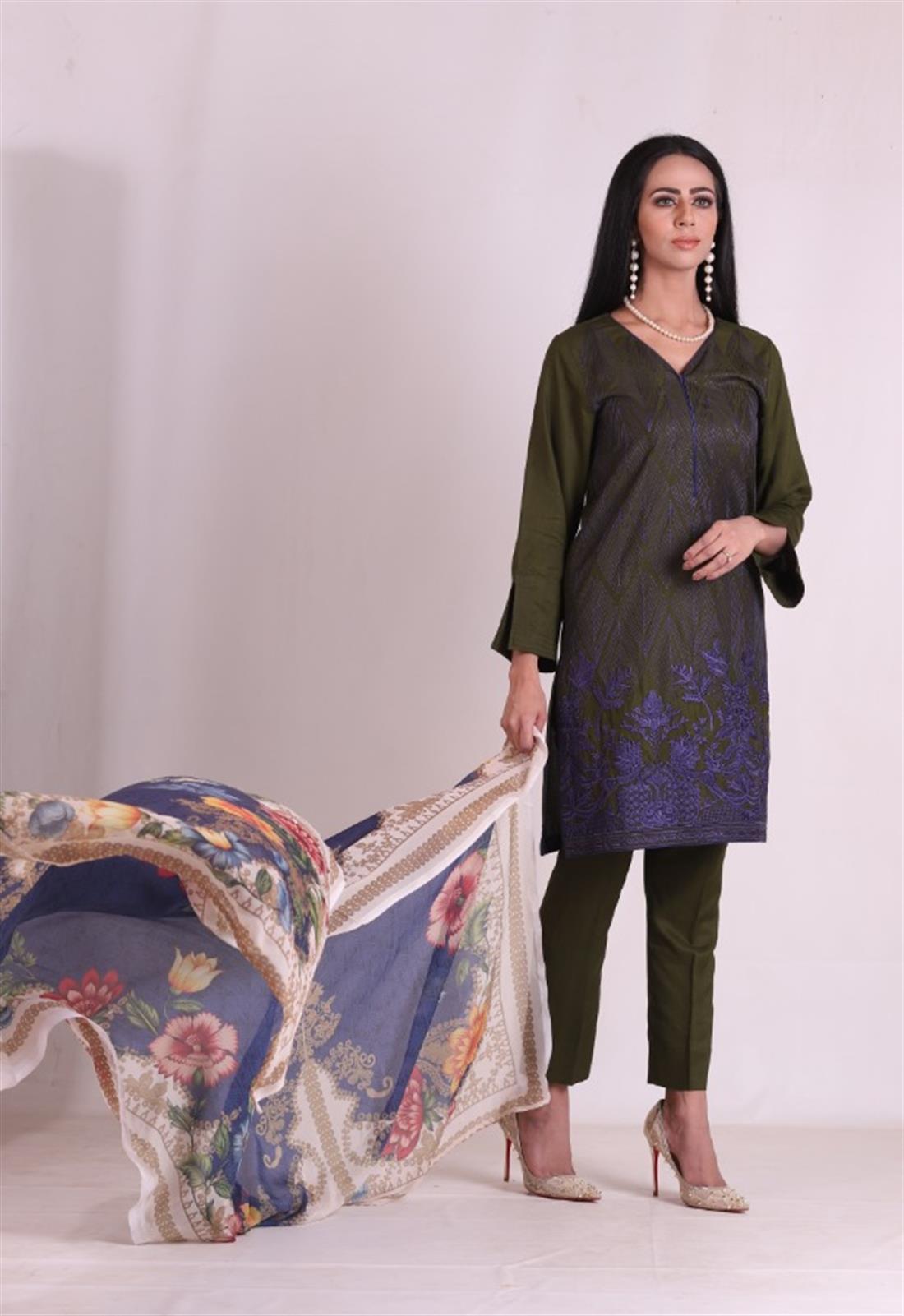 Mehndi Green Embroidered Linen Ladies Readymade