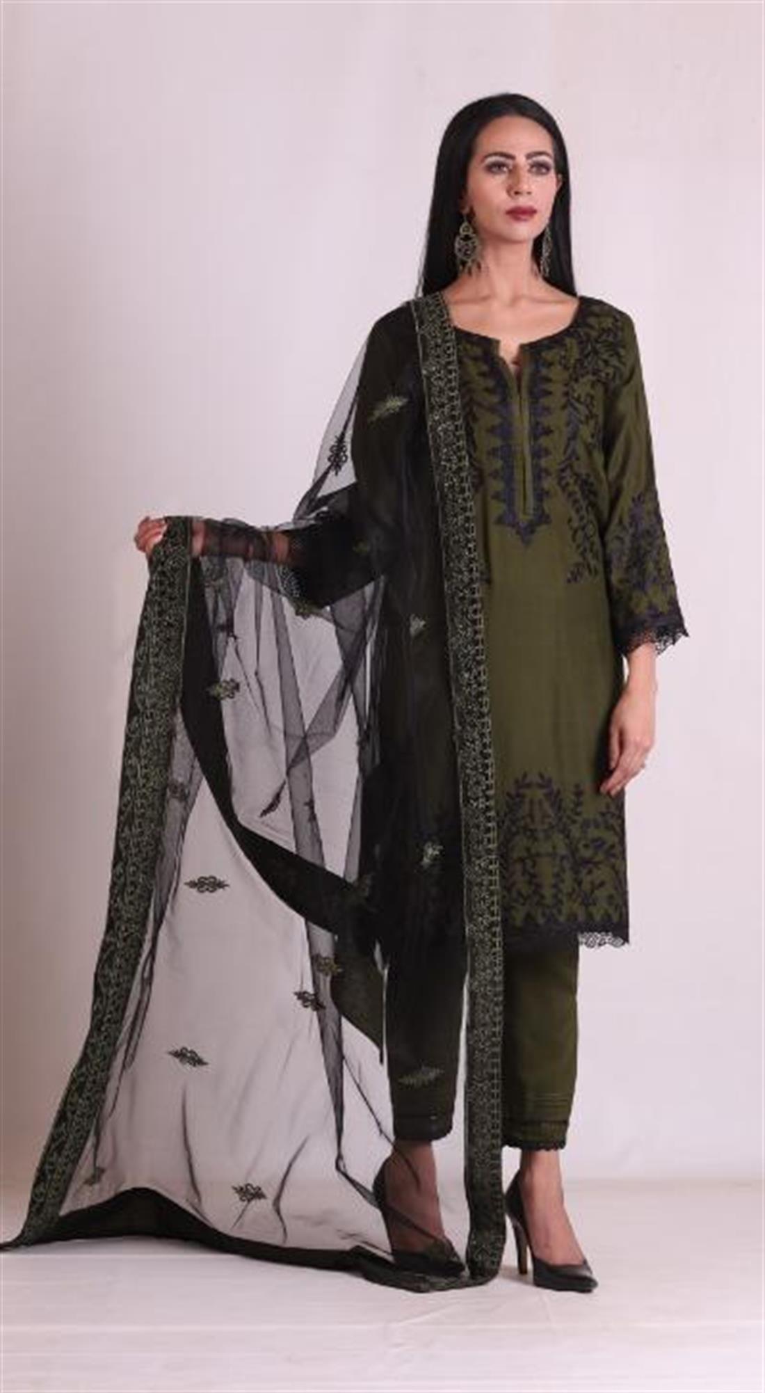Mehndi Green Embroidered Net Ladies Readymade