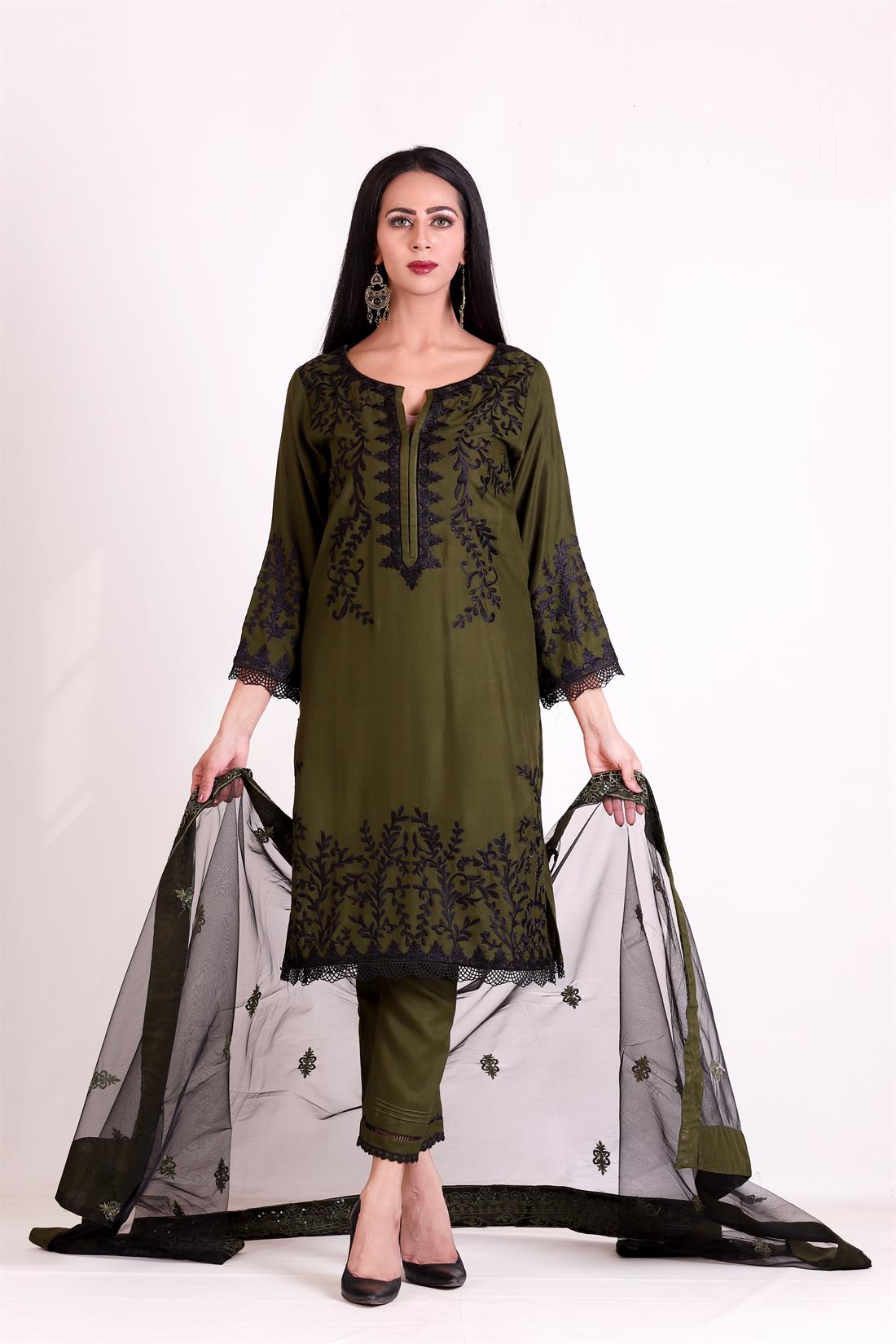 Mehndi Green Embroidered Net Ladies Readymade