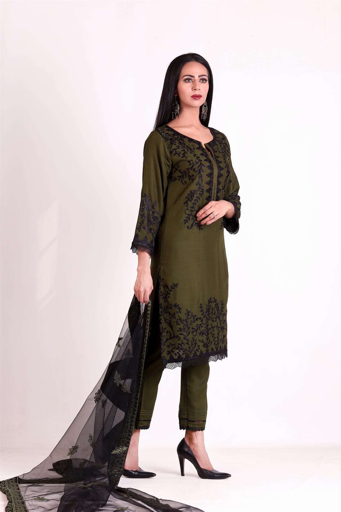 Mehndi Green Embroidered Net Ladies Readymade