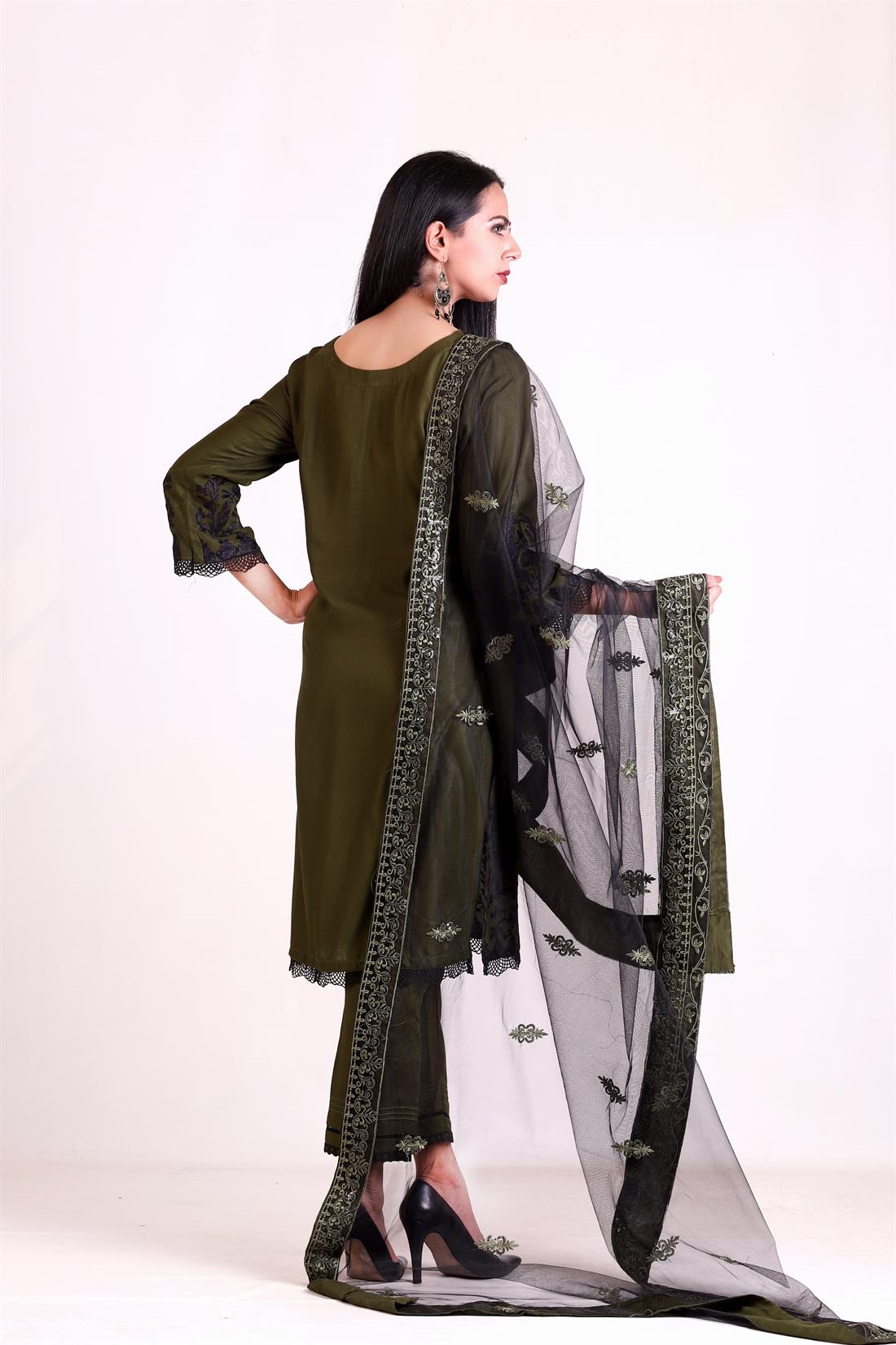 Mehndi Green Embroidered Net Ladies Readymade