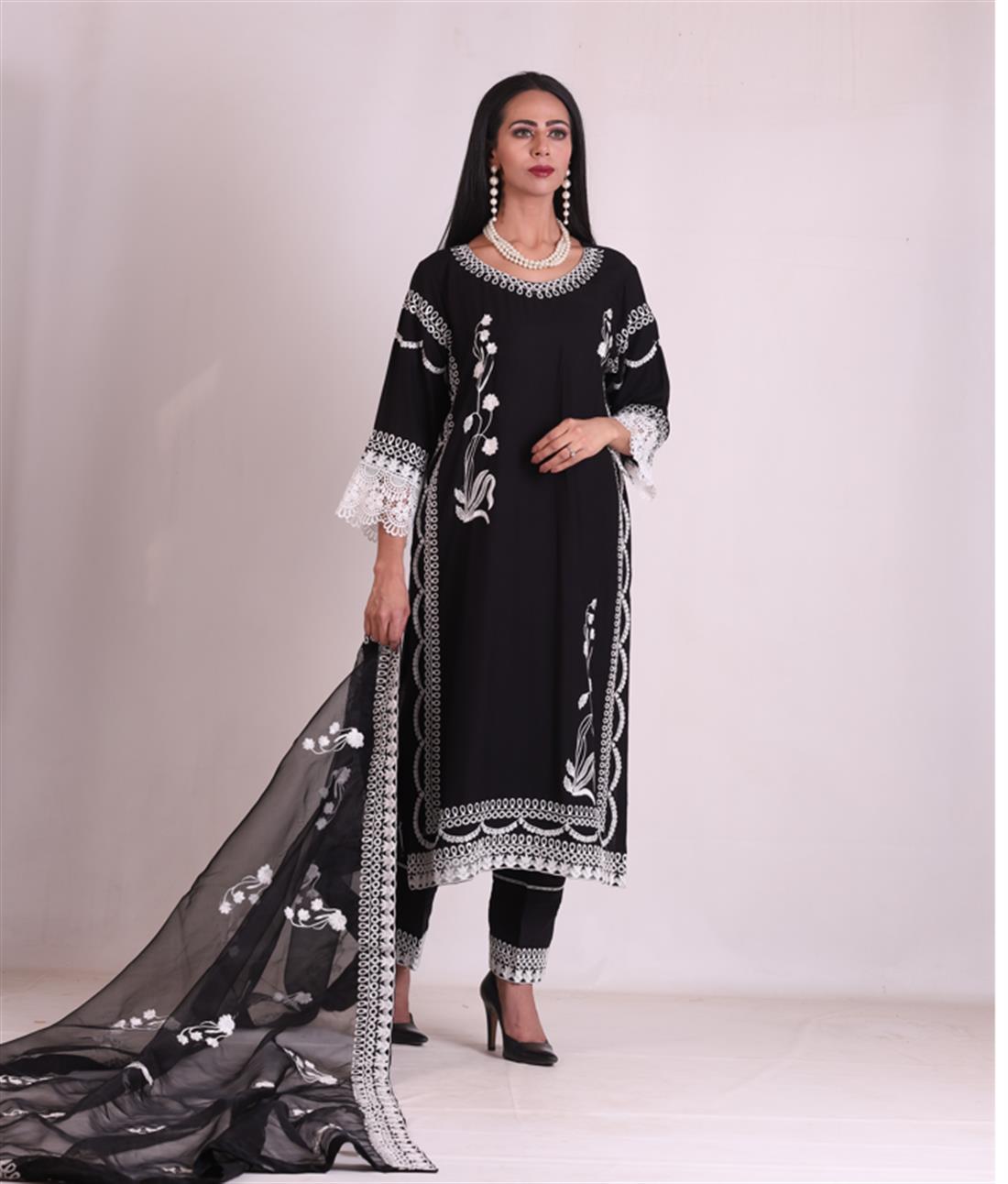 Black Embroidered Organza Ladies Readymade