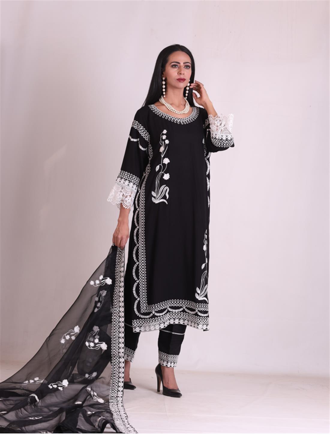 Black Embroidered Organza Ladies Readymade