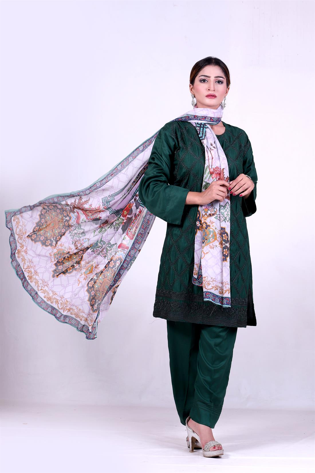 Green Embroidered Chiffon Ladies Readymade