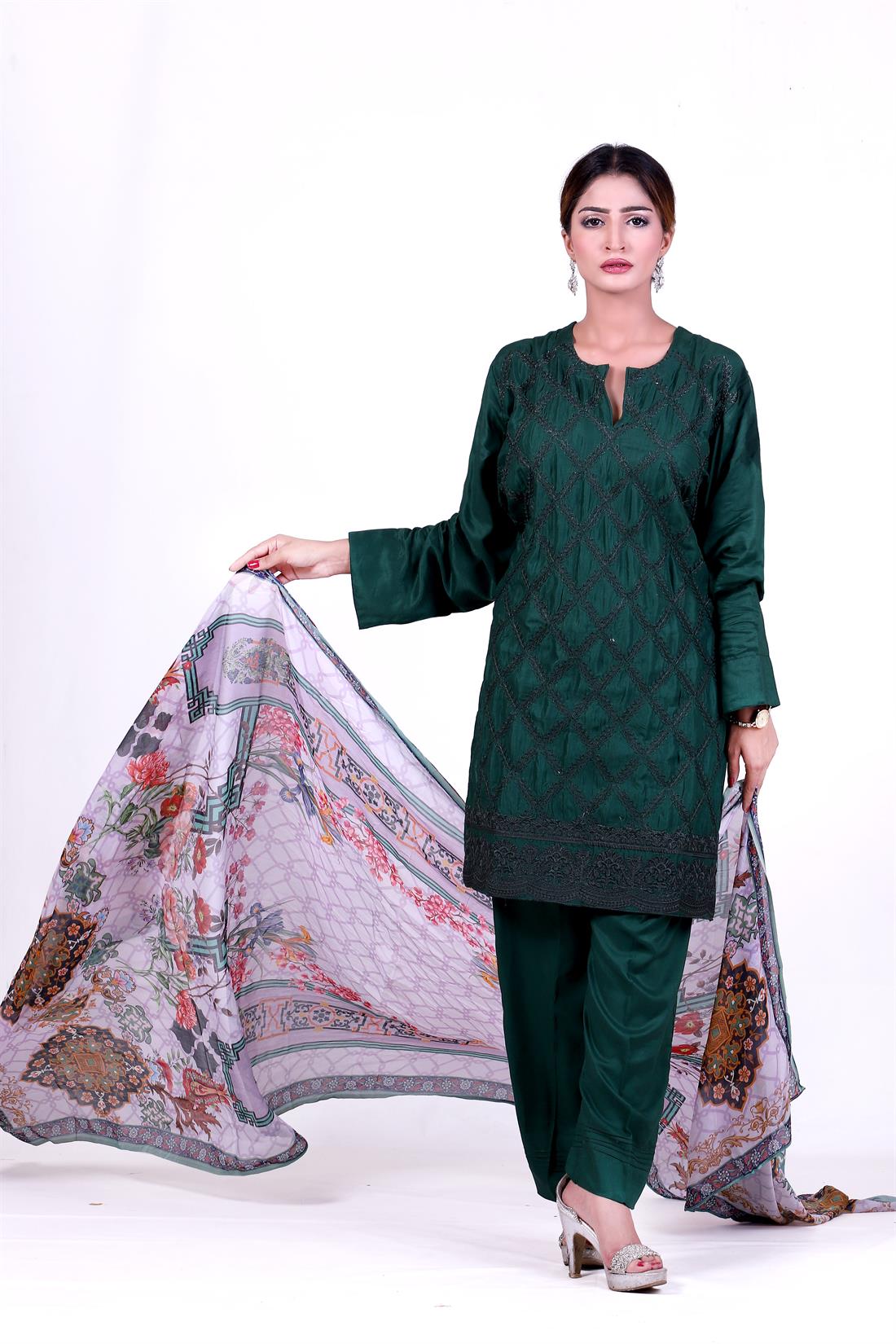 Green Embroidered Chiffon Ladies Readymade