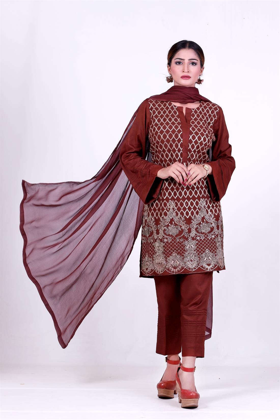 Brown Embroidered Chiffon Stunning Linen Salwar Kameez with Dupatta