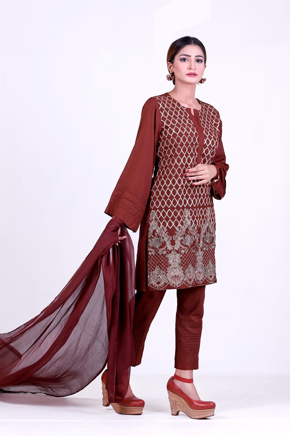 Brown Embroidered Chiffon Stunning Linen Salwar Kameez with Dupatta