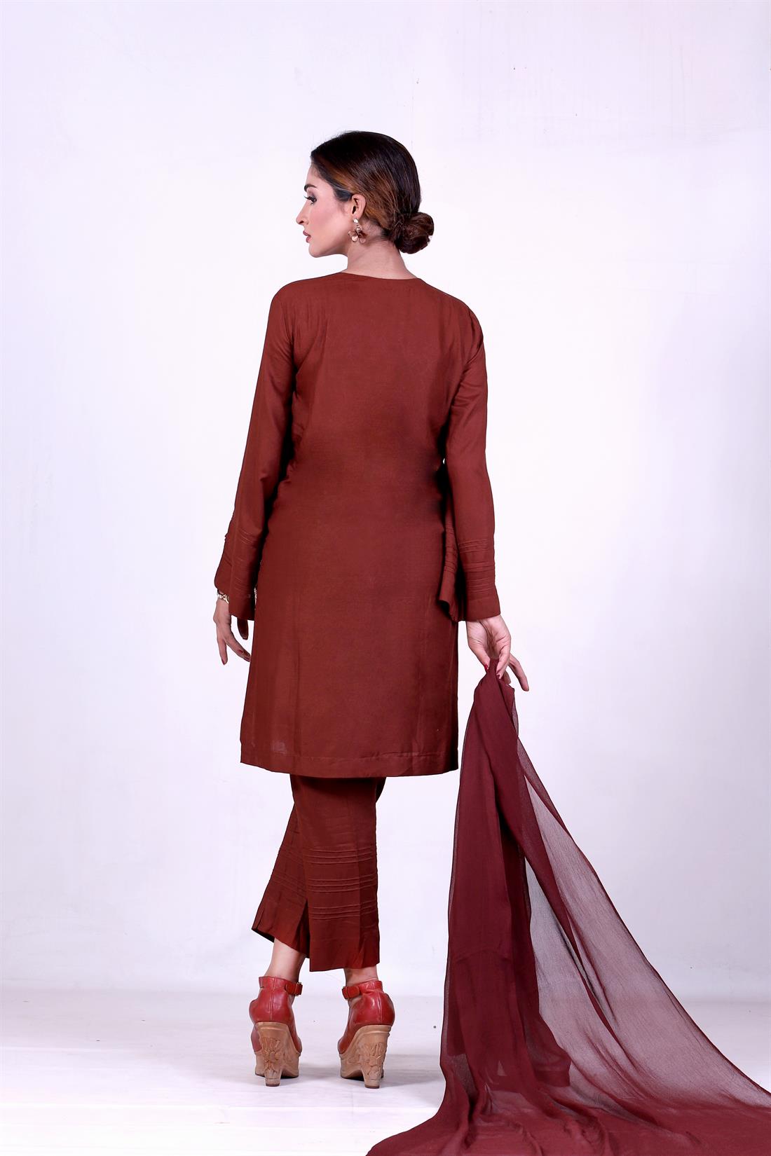 Brown Embroidered Chiffon Stunning Linen Salwar Kameez with Dupatta