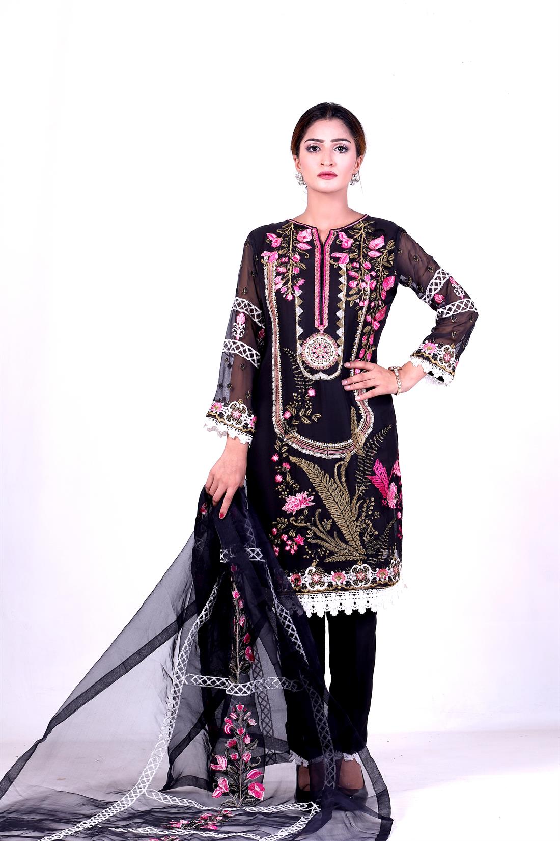Black Embroidered Organza 3 Piece Stunning Salwar Kameez with Dupatta
