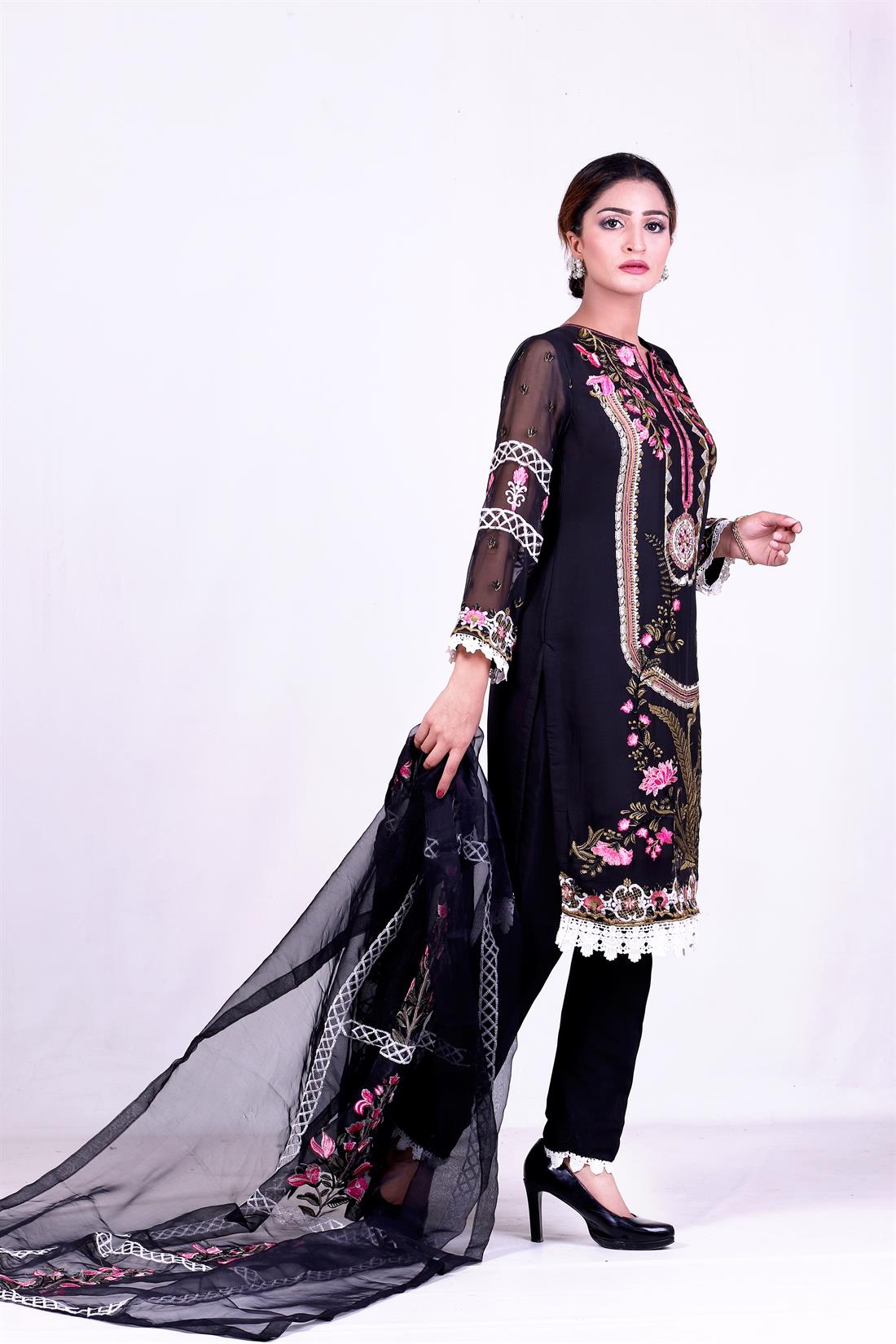 Black Embroidered Organza 3 Piece Stunning Salwar Kameez with Dupatta