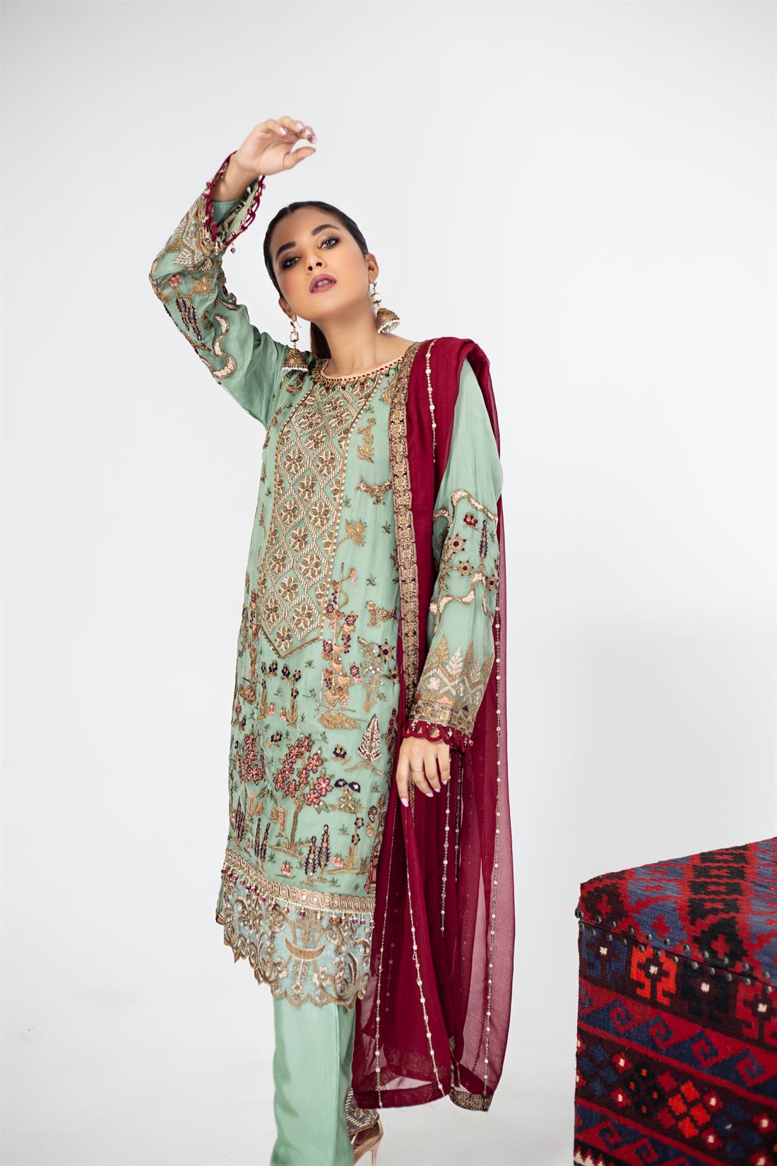 Mint & Maroon Embroidered Raw Silk Ladies Readymade