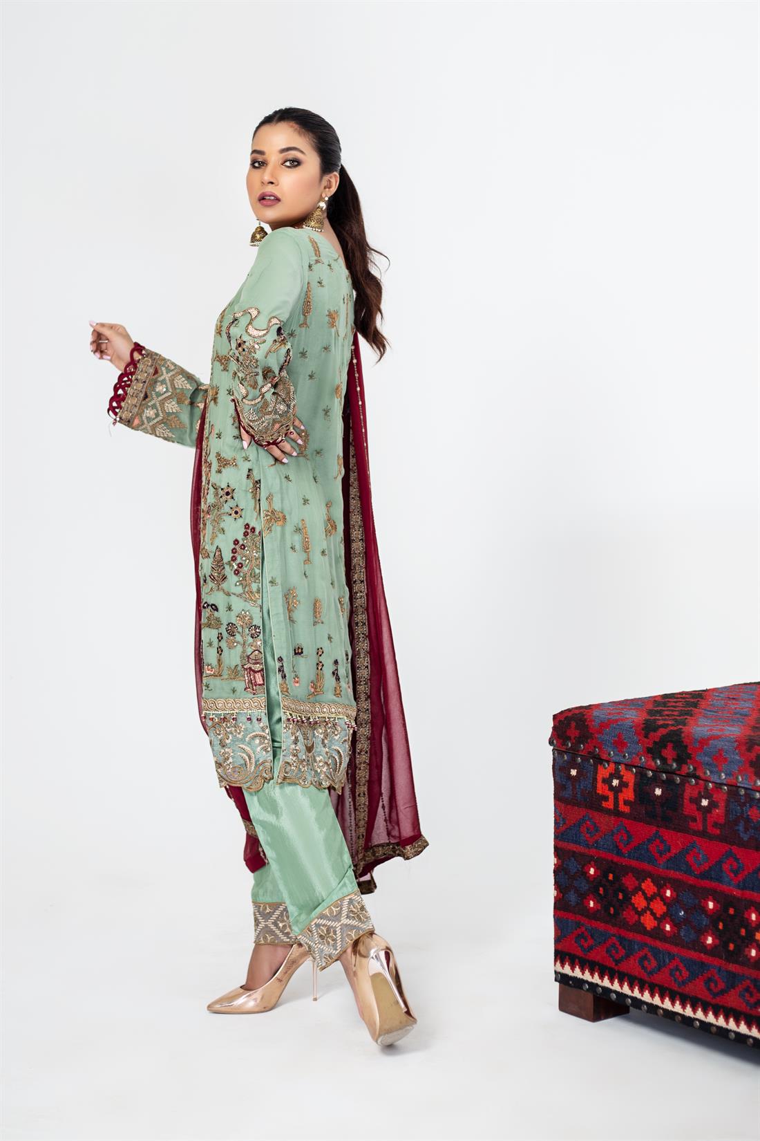 Mint & Maroon Embroidered Raw Silk Ladies Readymade