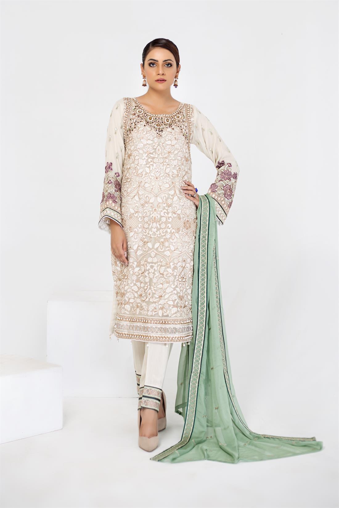 Cream & Mint Embroidered Raw Silk Ladies Readymade