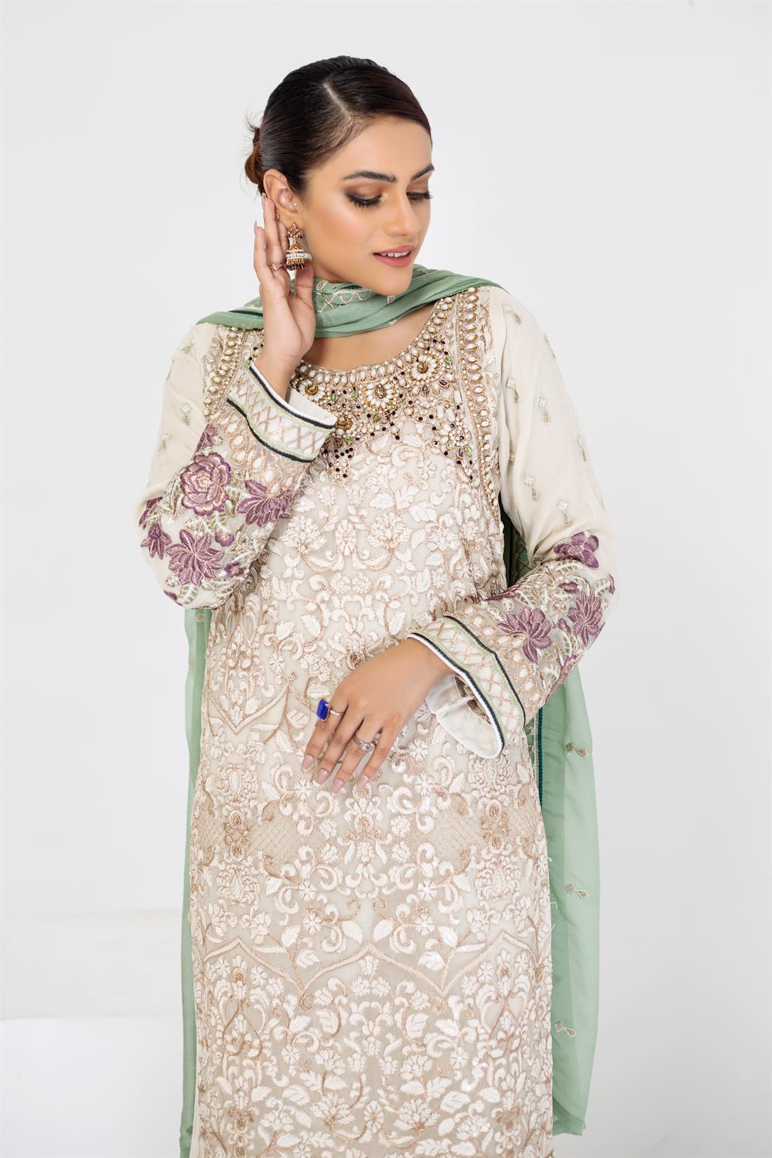 Cream & Mint Embroidered Raw Silk Ladies Readymade