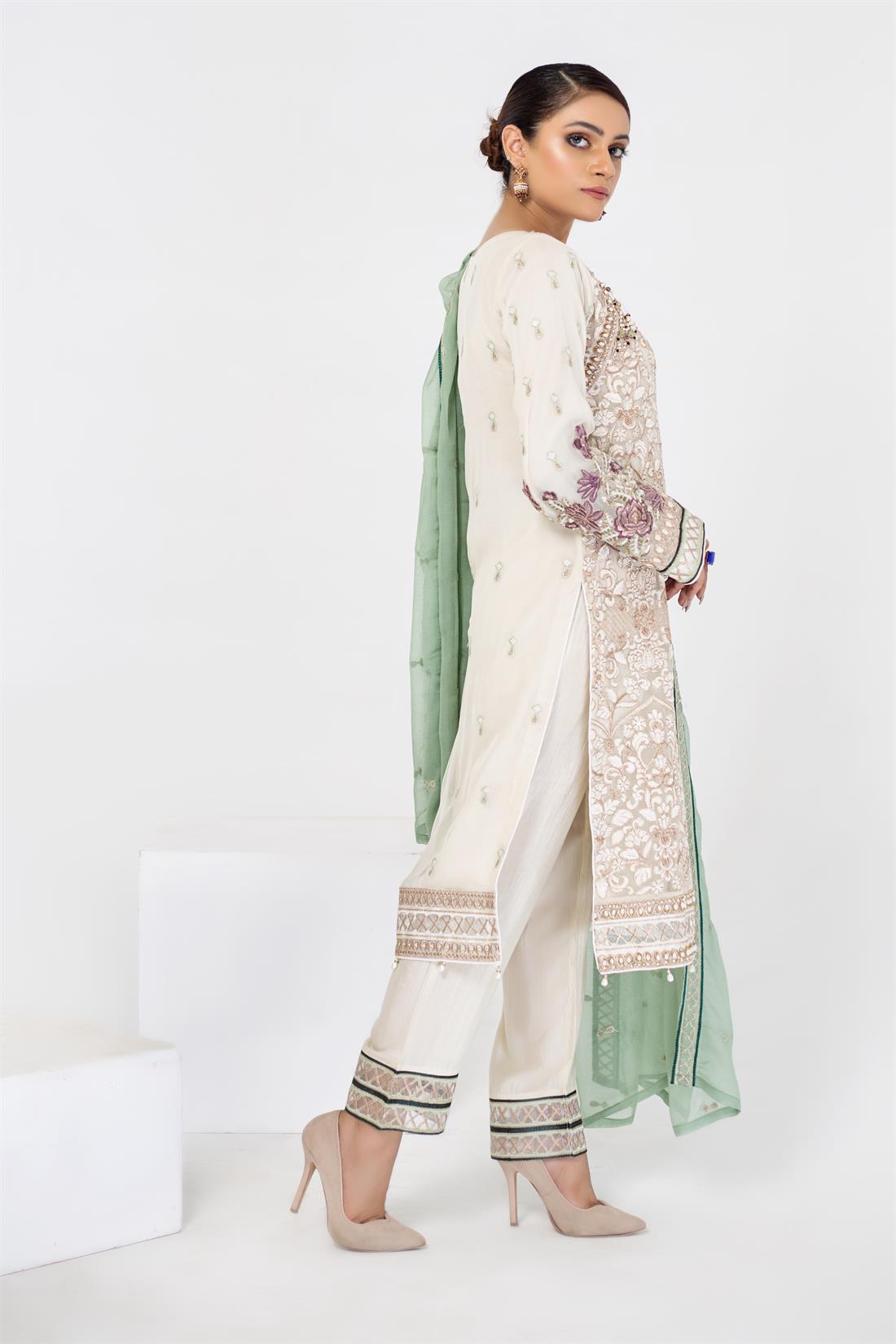 Cream & Mint Embroidered Raw Silk Ladies Readymade