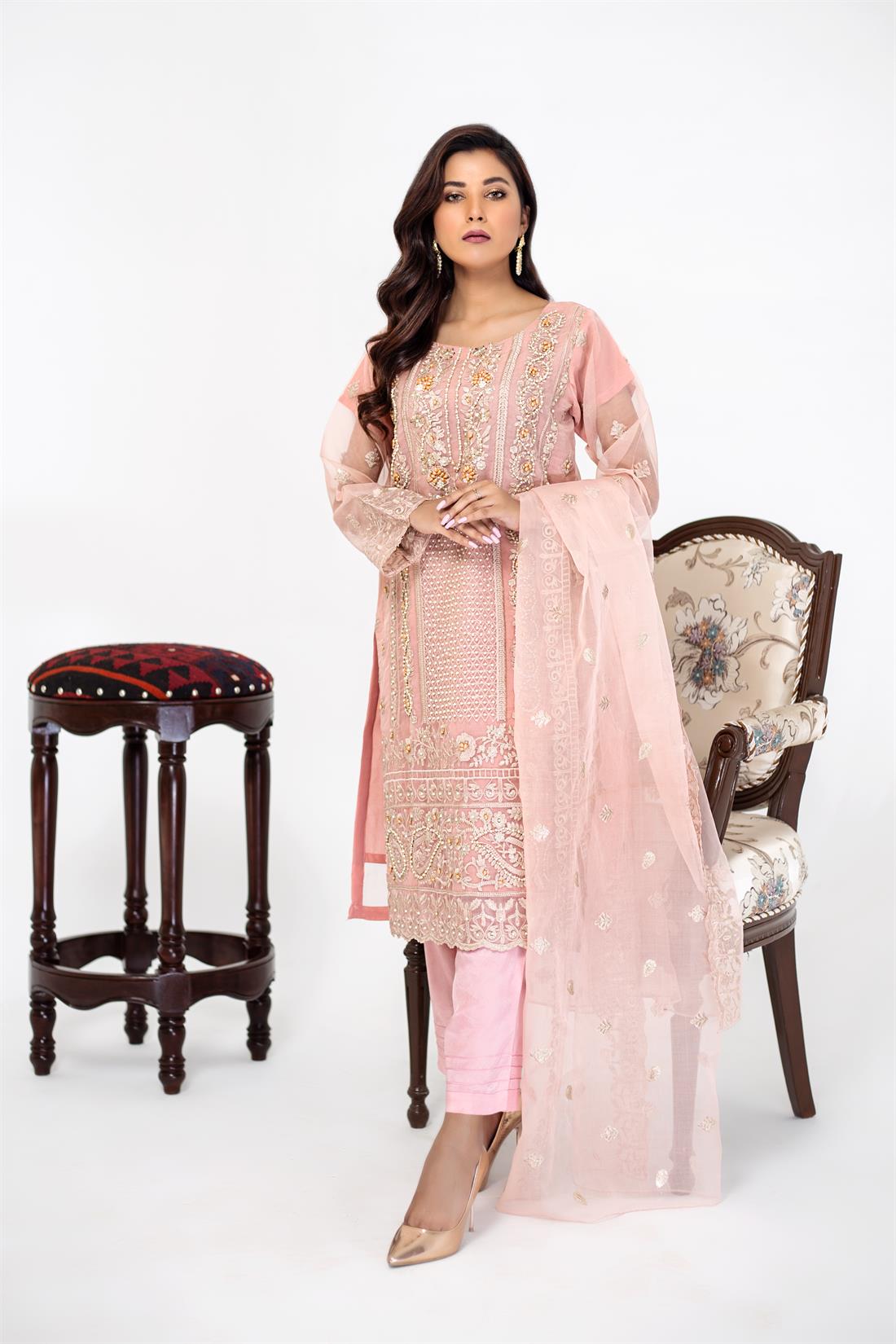 Pink Embroidered Raw Silk Ladies Readymade