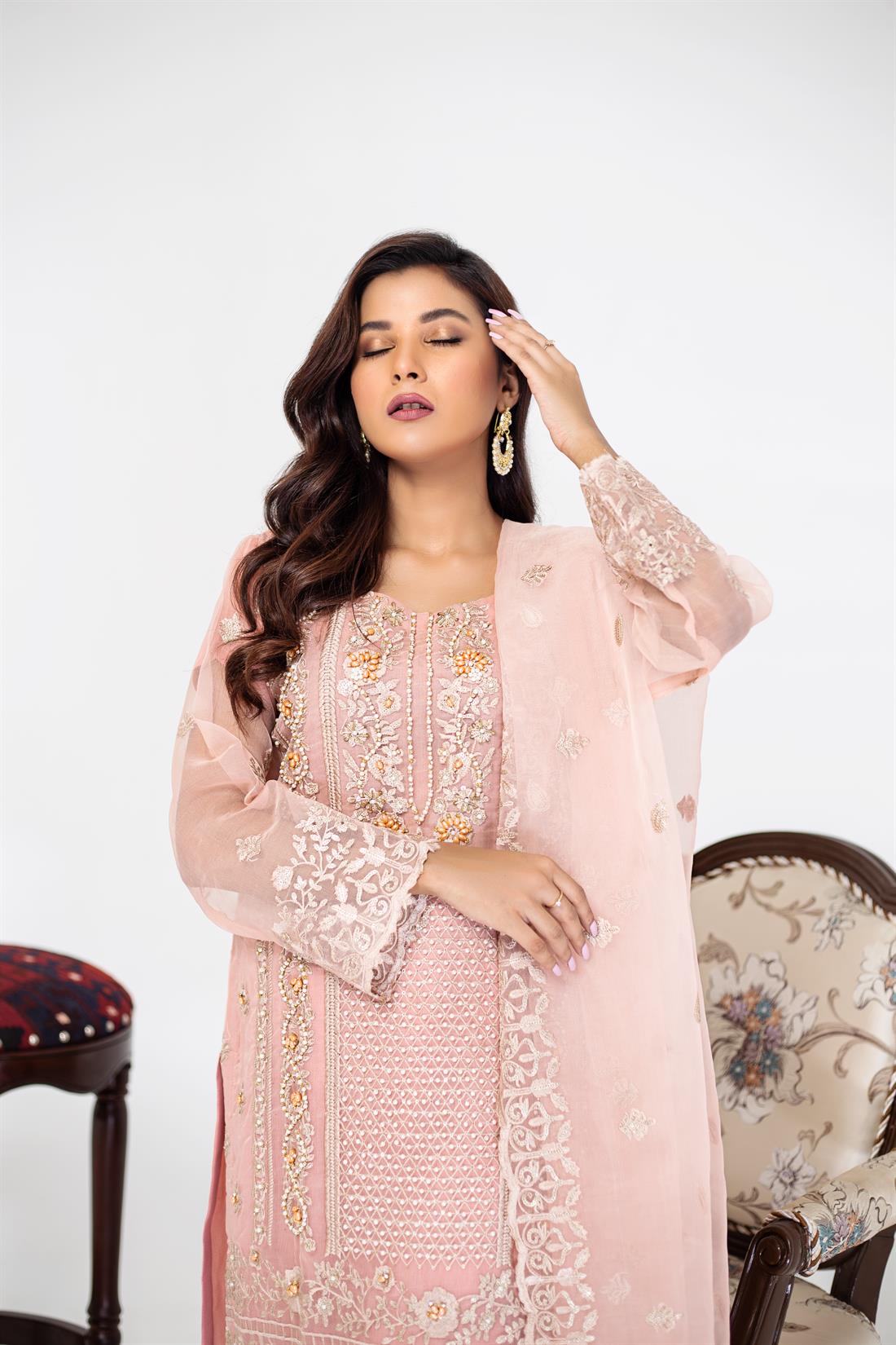 Pink Embroidered Raw Silk Ladies Readymade