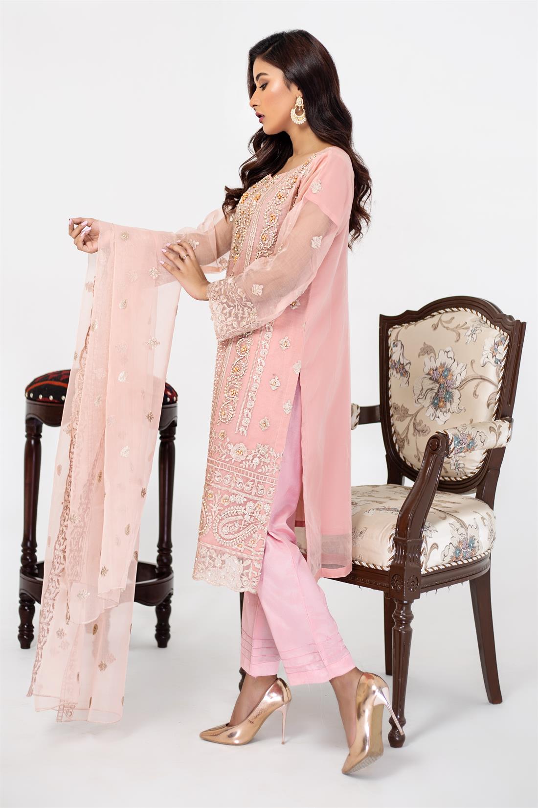Pink Embroidered Raw Silk Ladies Readymade