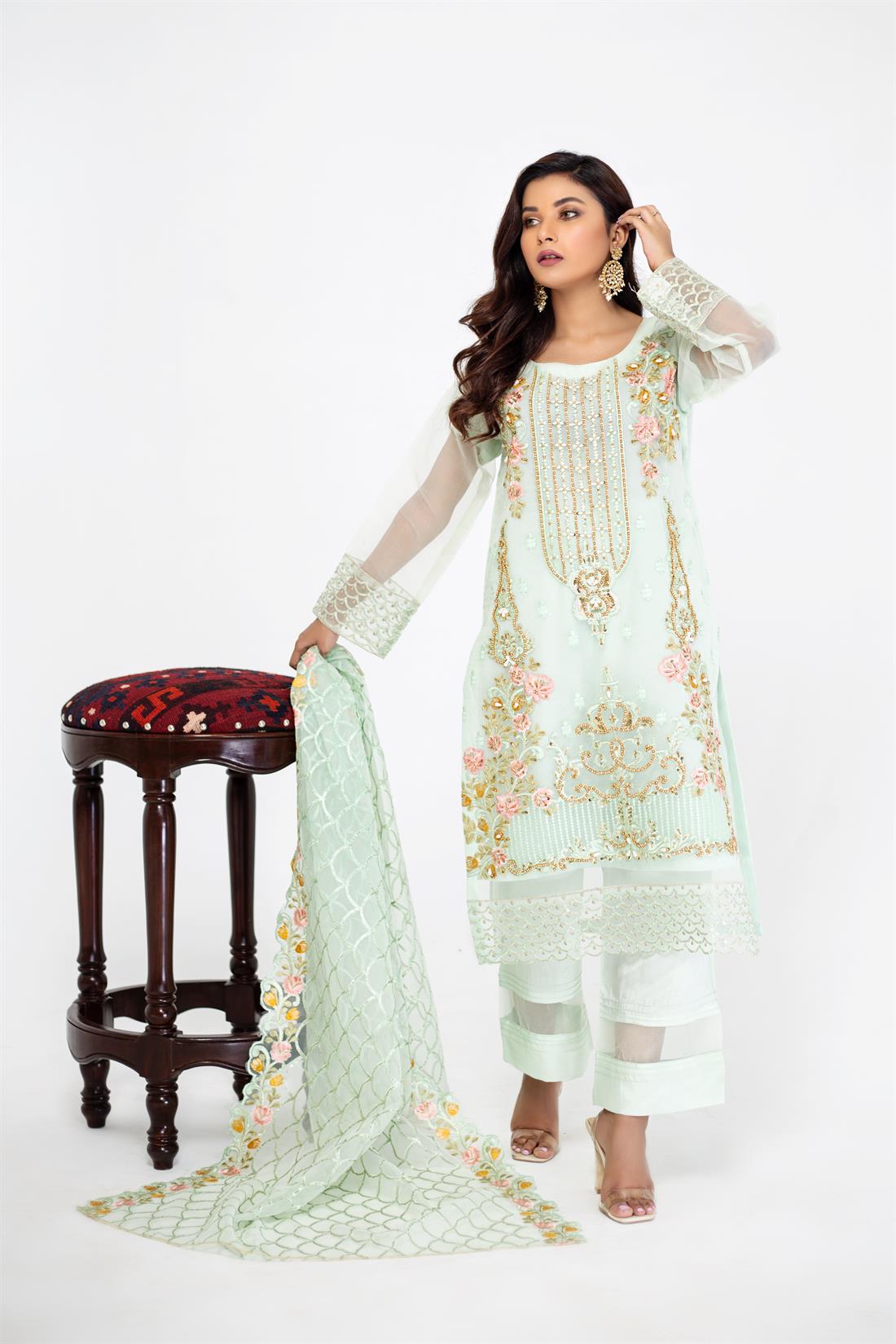 Mint Embroidered Raw Silk Ladies Readymade