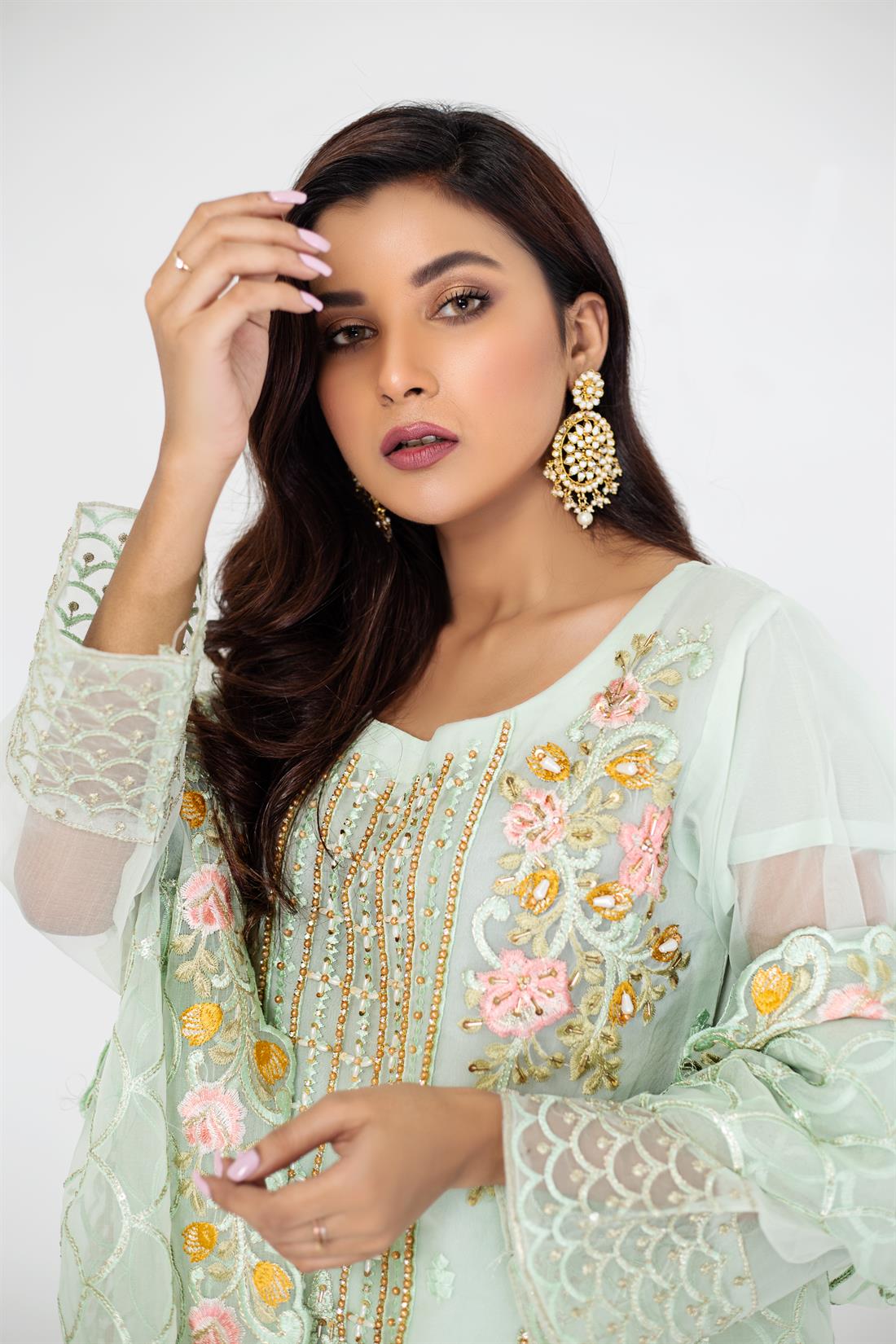 Mint Embroidered Raw Silk Ladies Readymade