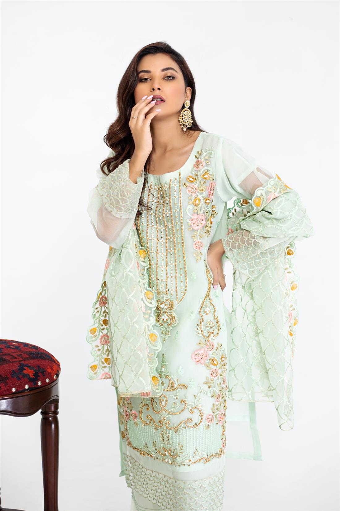 Mint Embroidered Raw Silk Ladies Readymade