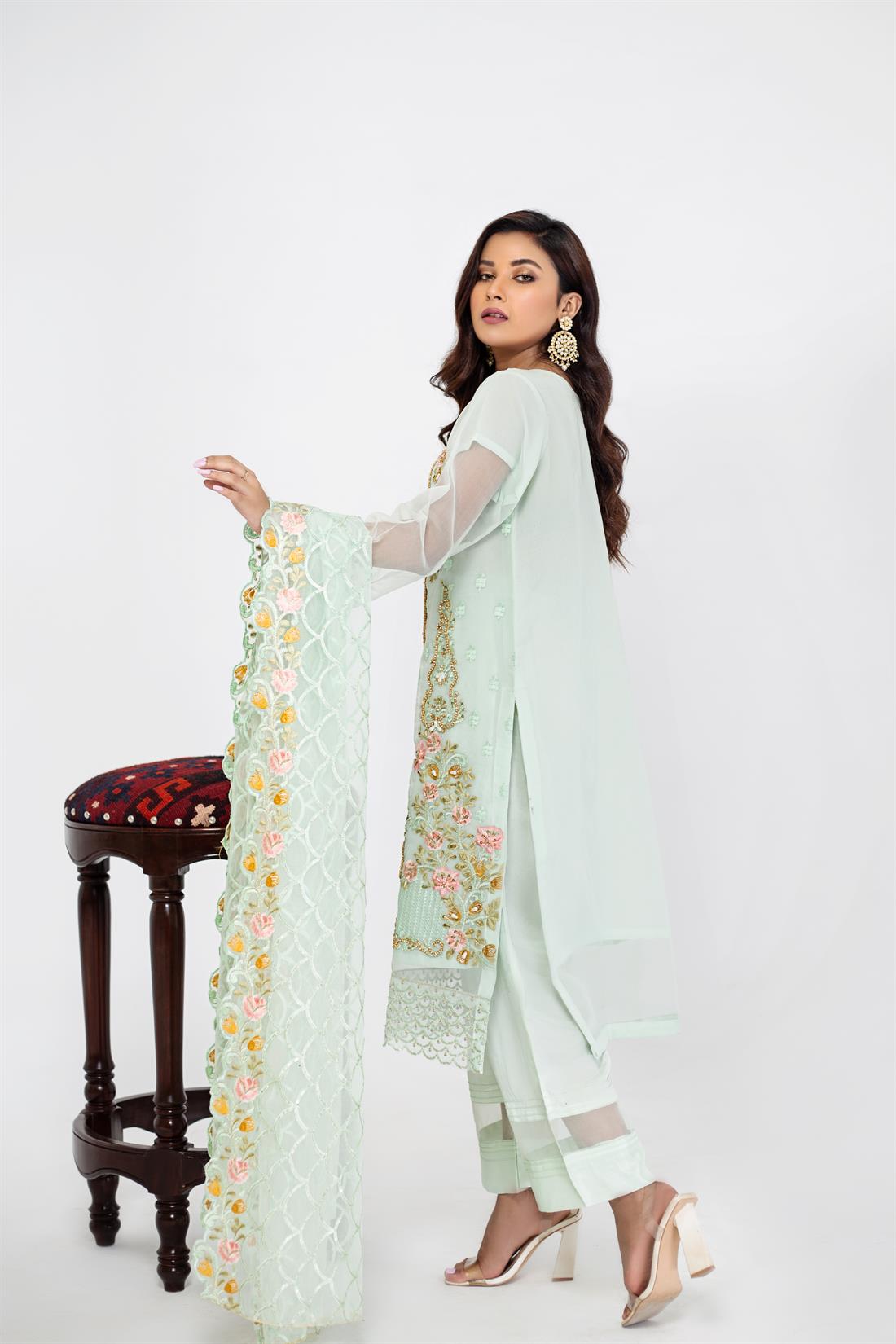 Mint Embroidered Raw Silk Ladies Readymade