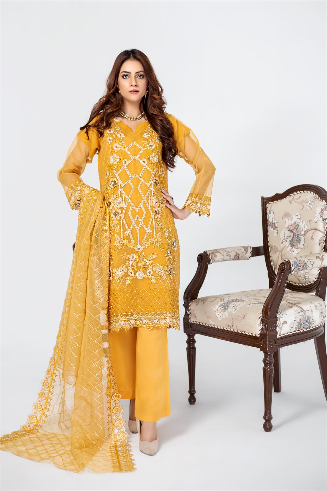 Mustard Raw Silk Embroidered Organza Kameez & Trouser