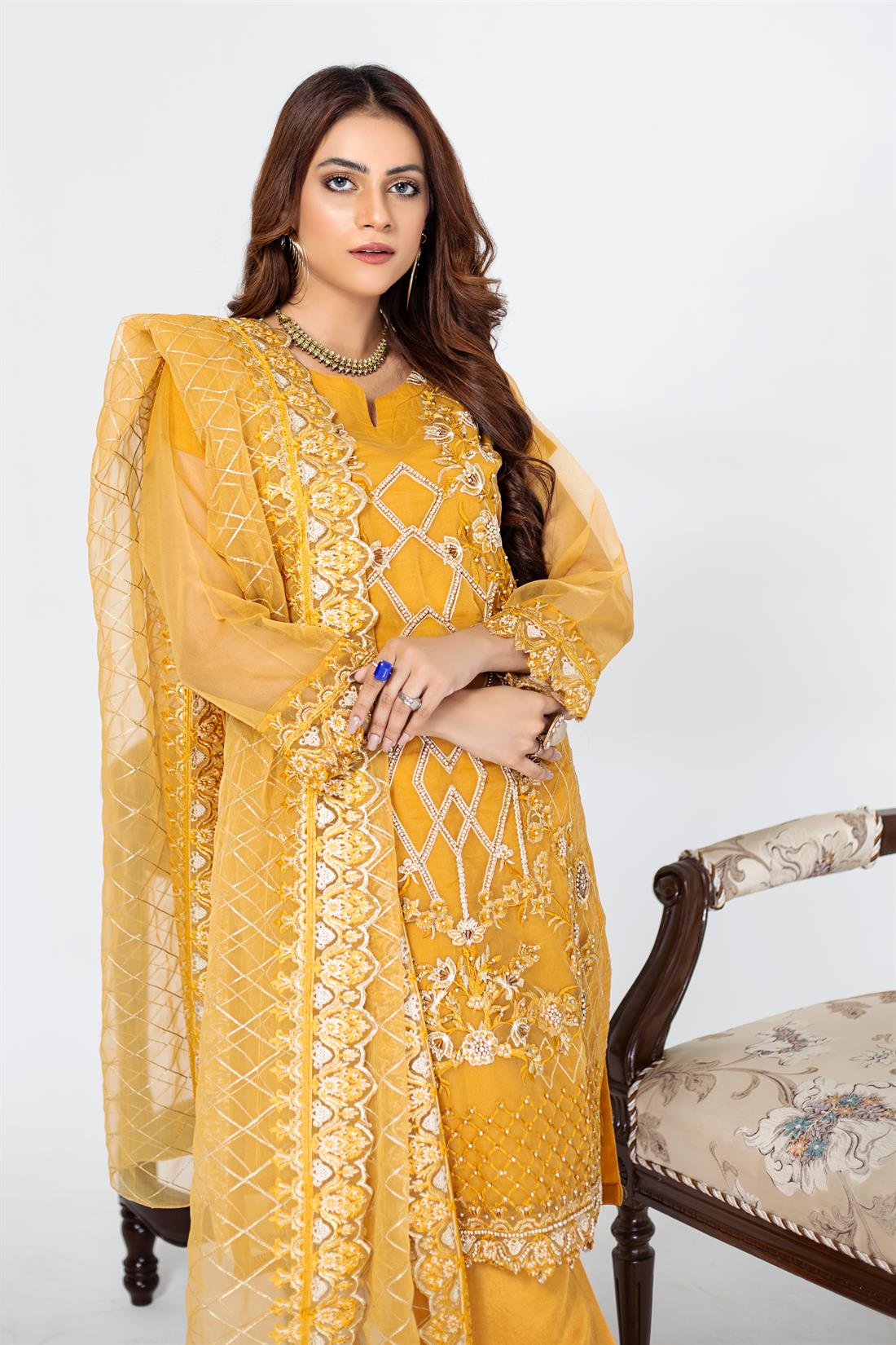 Mustard Raw Silk Embroidered Organza Kameez & Trouser