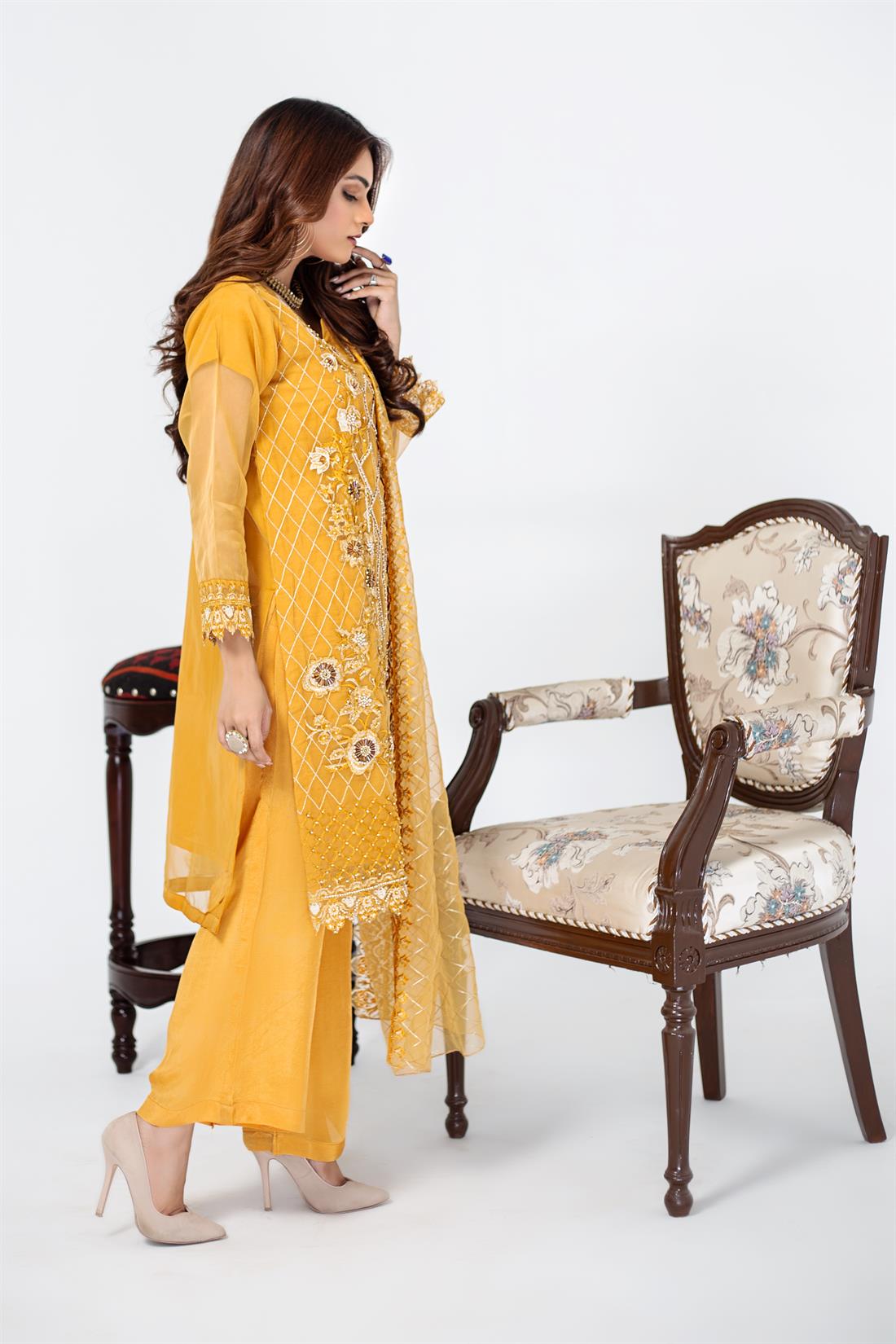 Mustard Raw Silk Embroidered Organza Kameez & Trouser