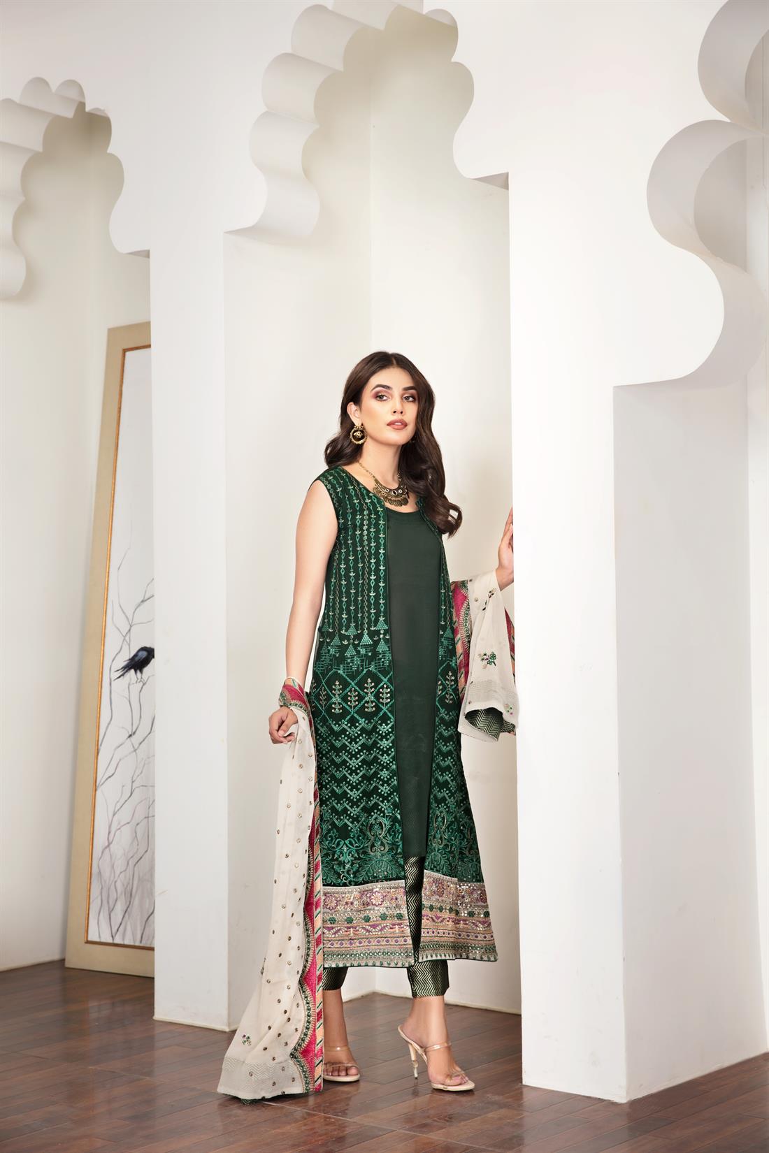 Dark Green Chiffon Embroidered Salwar Kameez with Dupatta