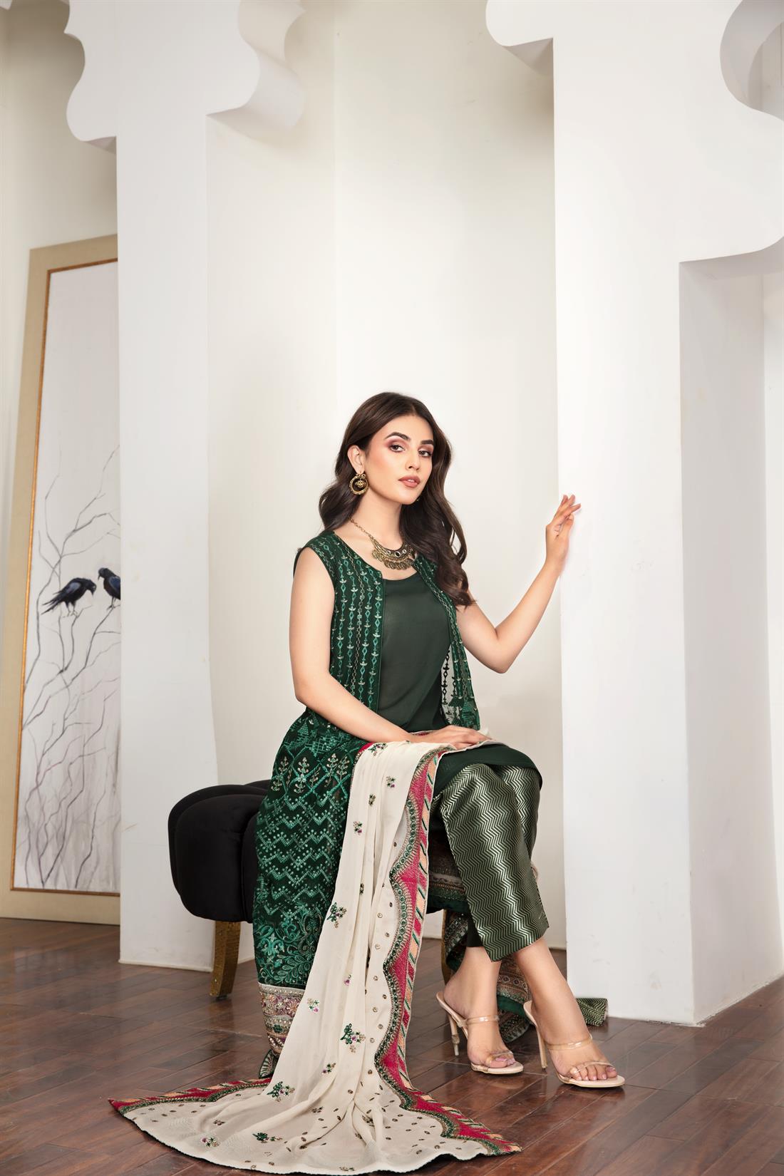 Dark Green Chiffon Embroidered Salwar Kameez with Dupatta