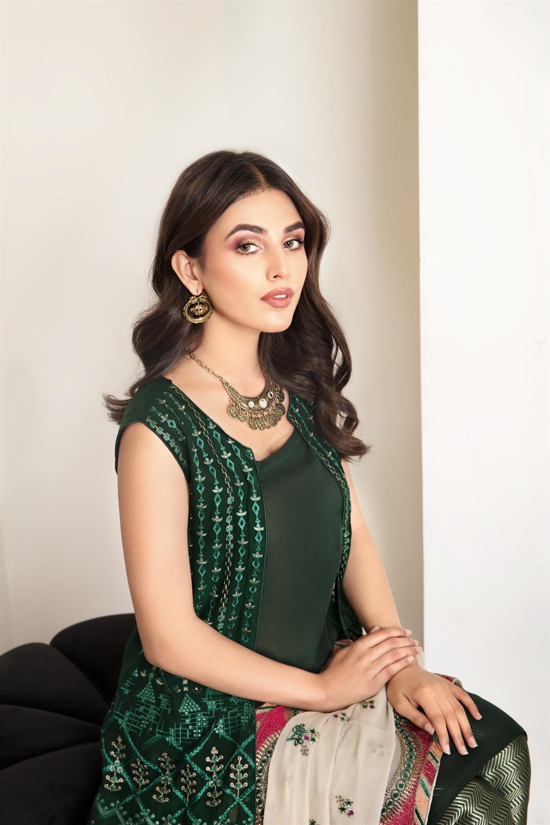 Dark Green Chiffon Embroidered Salwar Kameez with Dupatta