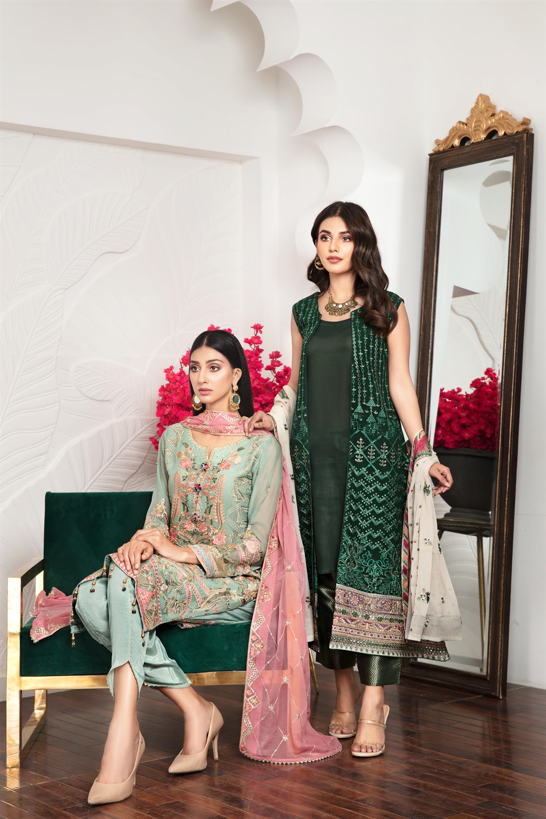 Dark Green Chiffon Embroidered Salwar Kameez with Dupatta
