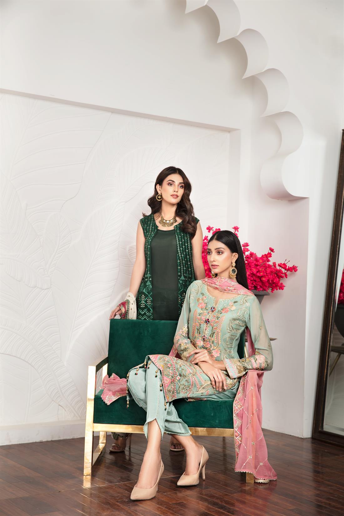 Dark Green Chiffon Embroidered Salwar Kameez with Dupatta