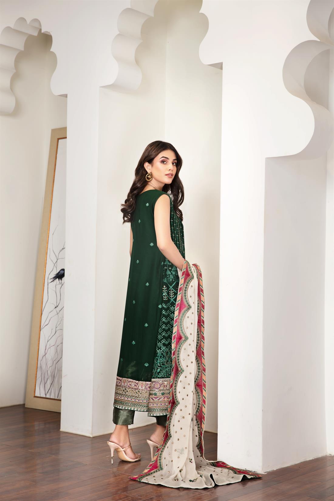 Dark Green Chiffon Embroidered Salwar Kameez with Dupatta