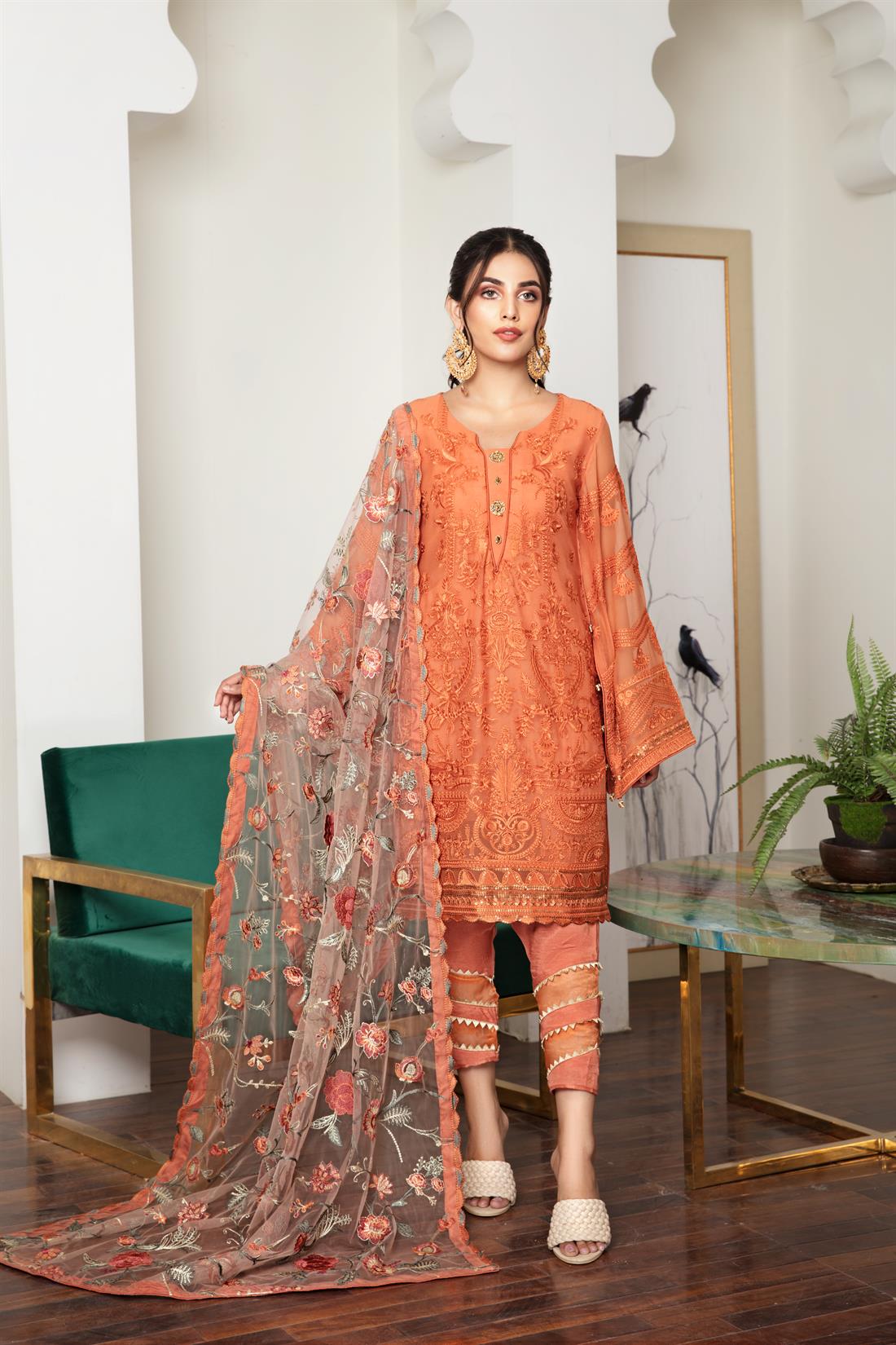 Orange Embroidered Organza Ladies Readymade