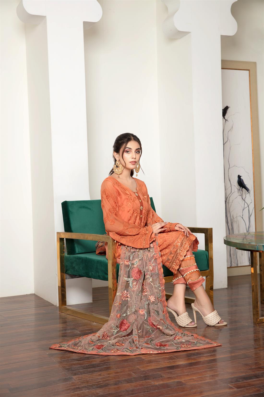 Orange Embroidered Organza Ladies Readymade