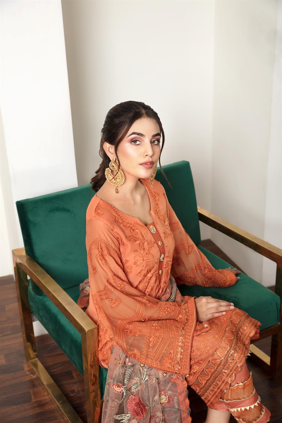 Orange Embroidered Organza Ladies Readymade