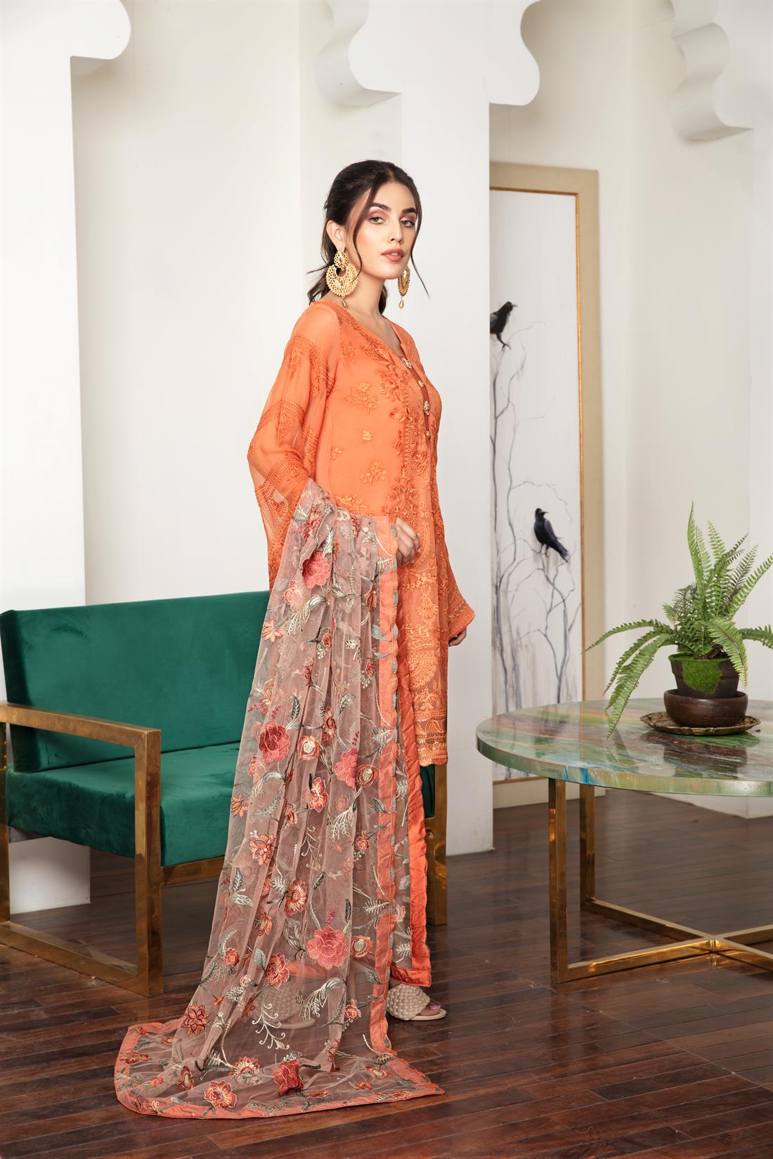 Orange Embroidered Organza Ladies Readymade