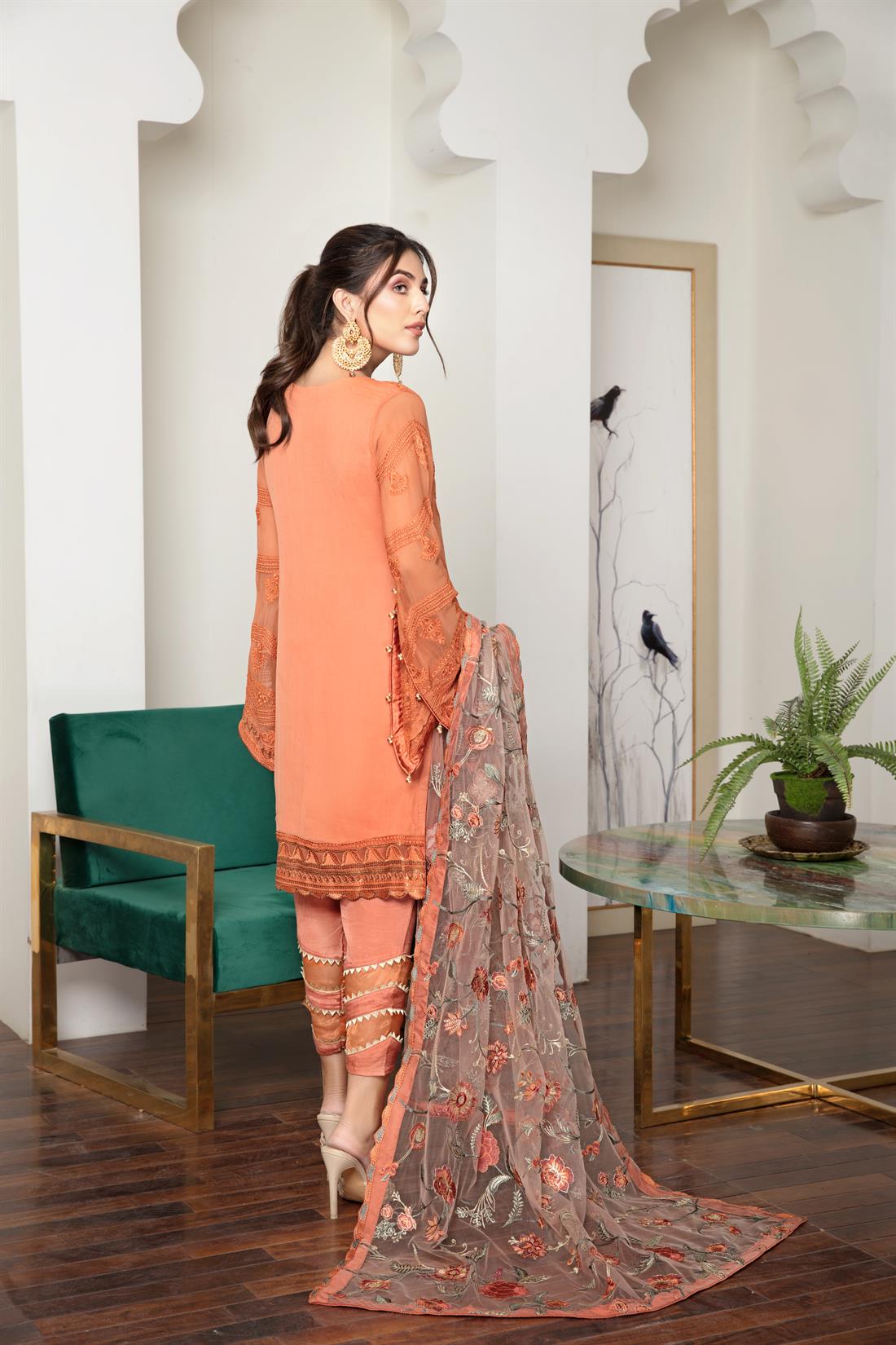 Orange Embroidered Organza Ladies Readymade