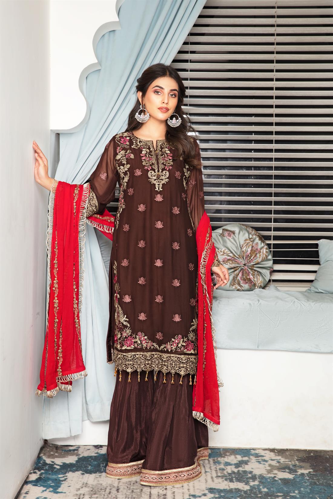 Brown & Red Embroidered Raw Silk Gharara Ladies Readymade