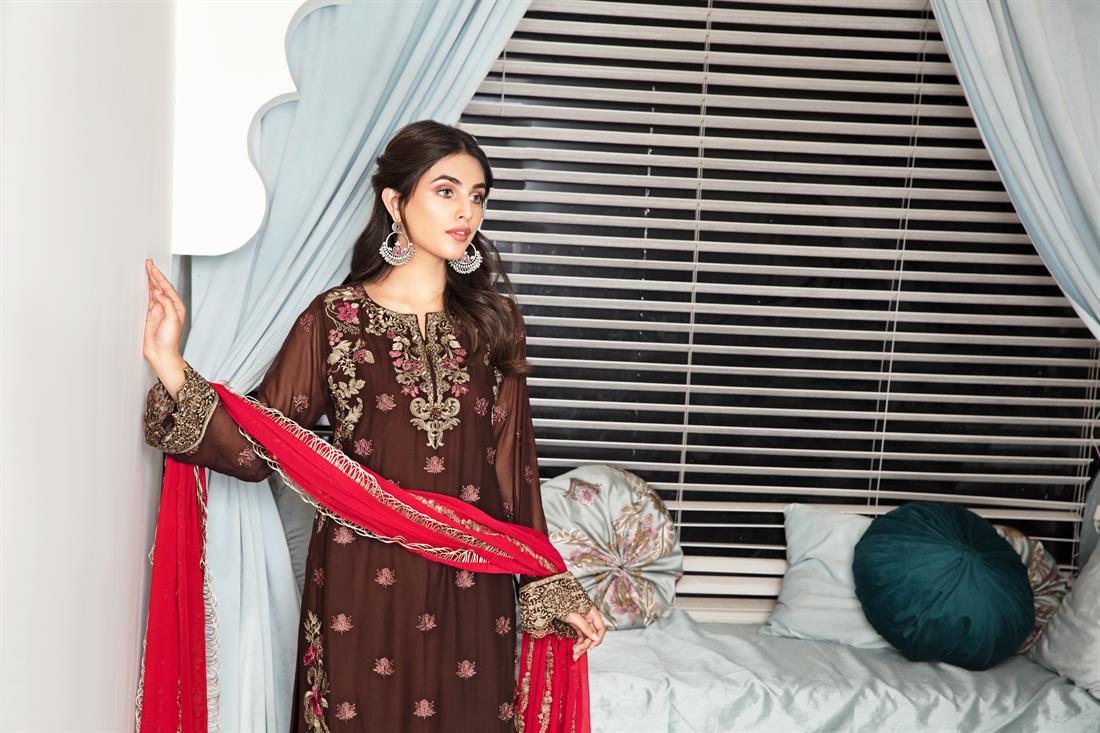 Brown & Red Embroidered Raw Silk Gharara Ladies Readymade