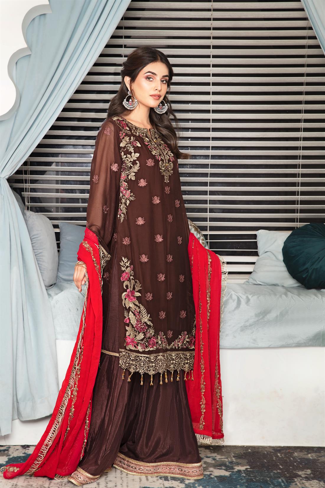 Brown & Red Embroidered Raw Silk Gharara Ladies Readymade