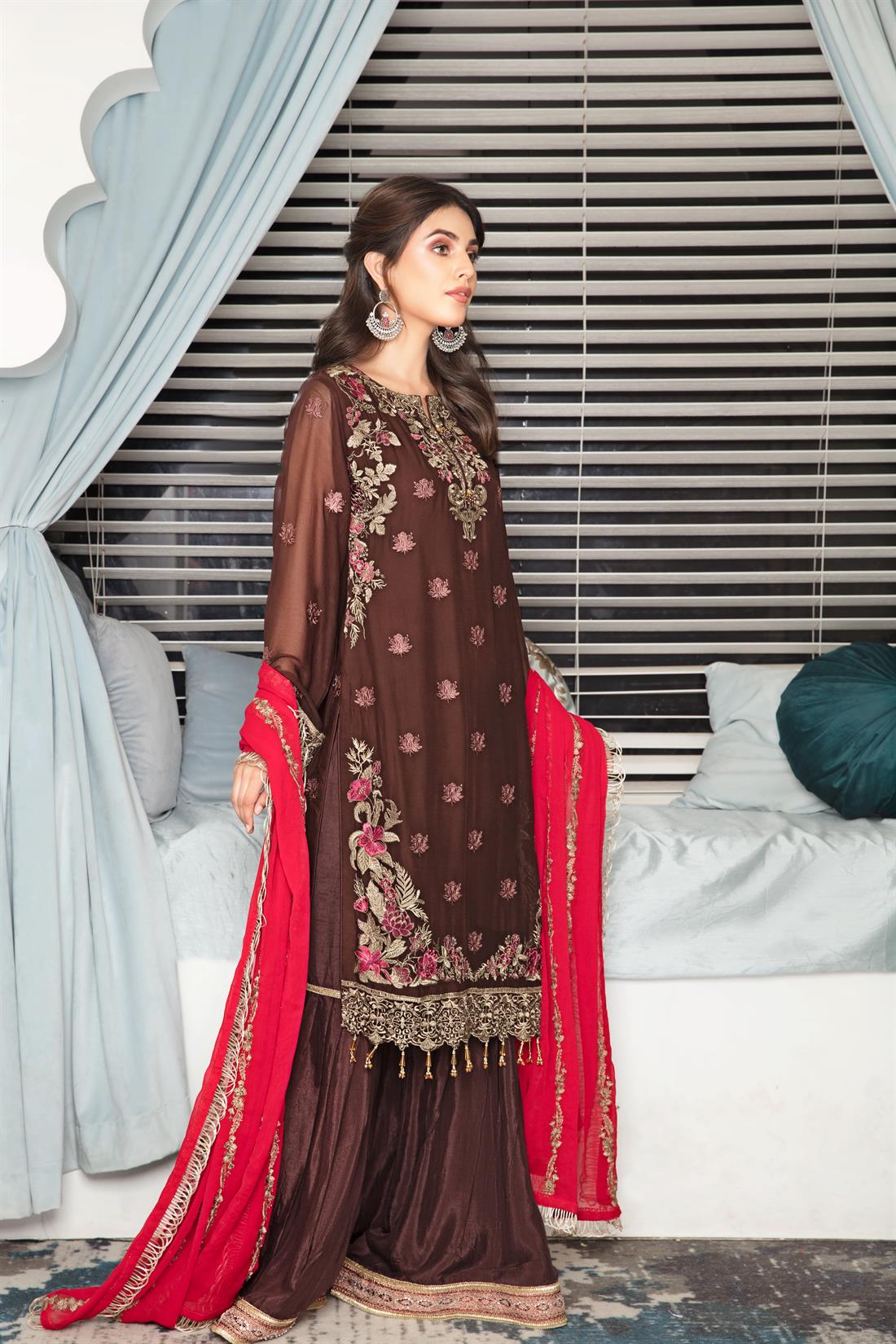 Brown & Red Embroidered Raw Silk Gharara Ladies Readymade